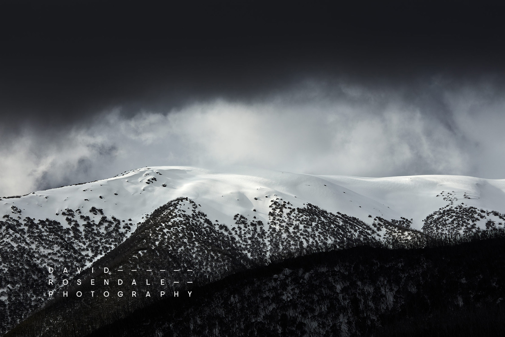 Falls Creek #62 Fine Art Print, monotone image of snow capped mountains