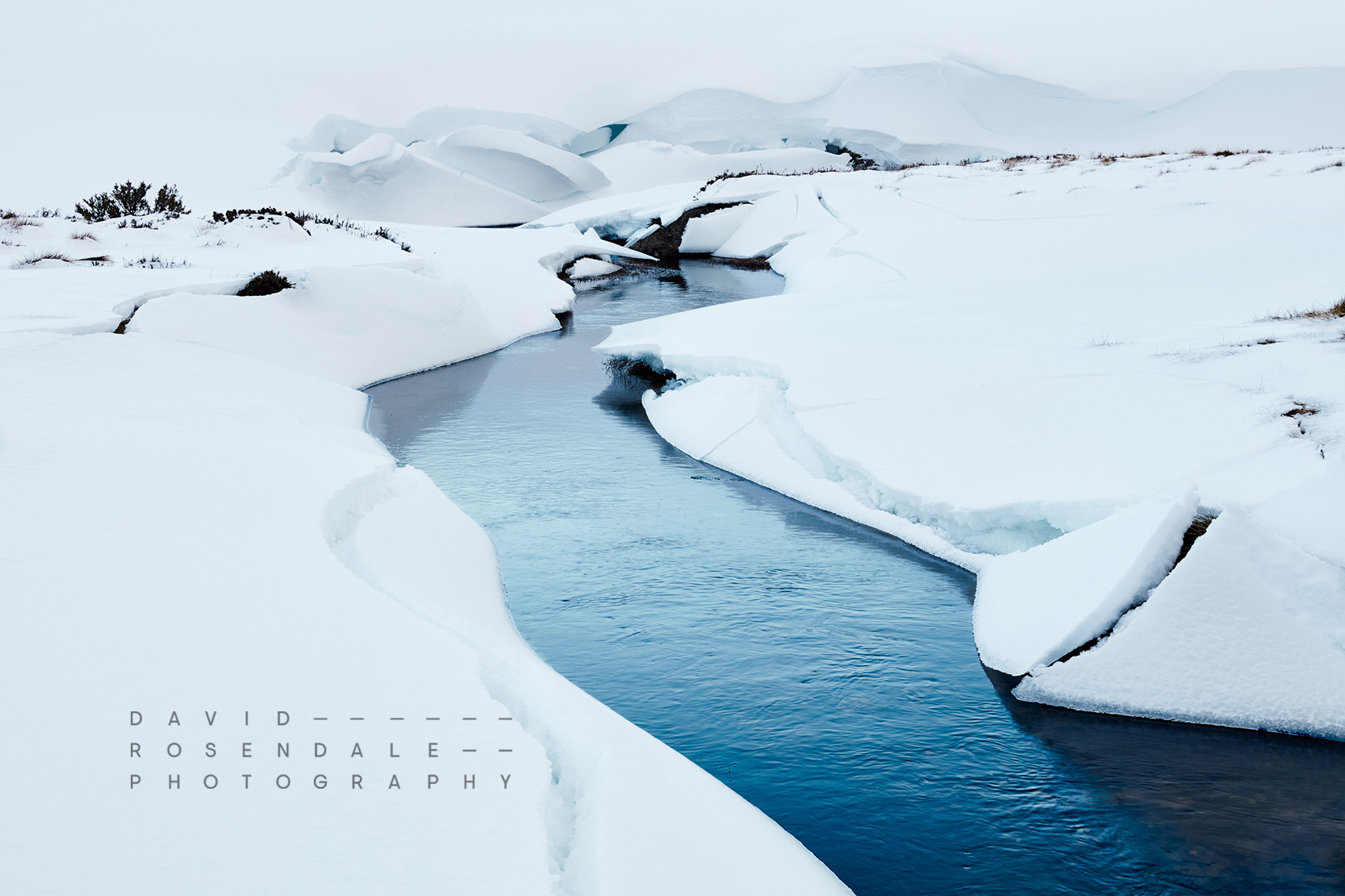 Perisher #2 from the series The Fall 2016, Fine Art Print, minimal snow scene of flowing river and snow drifts